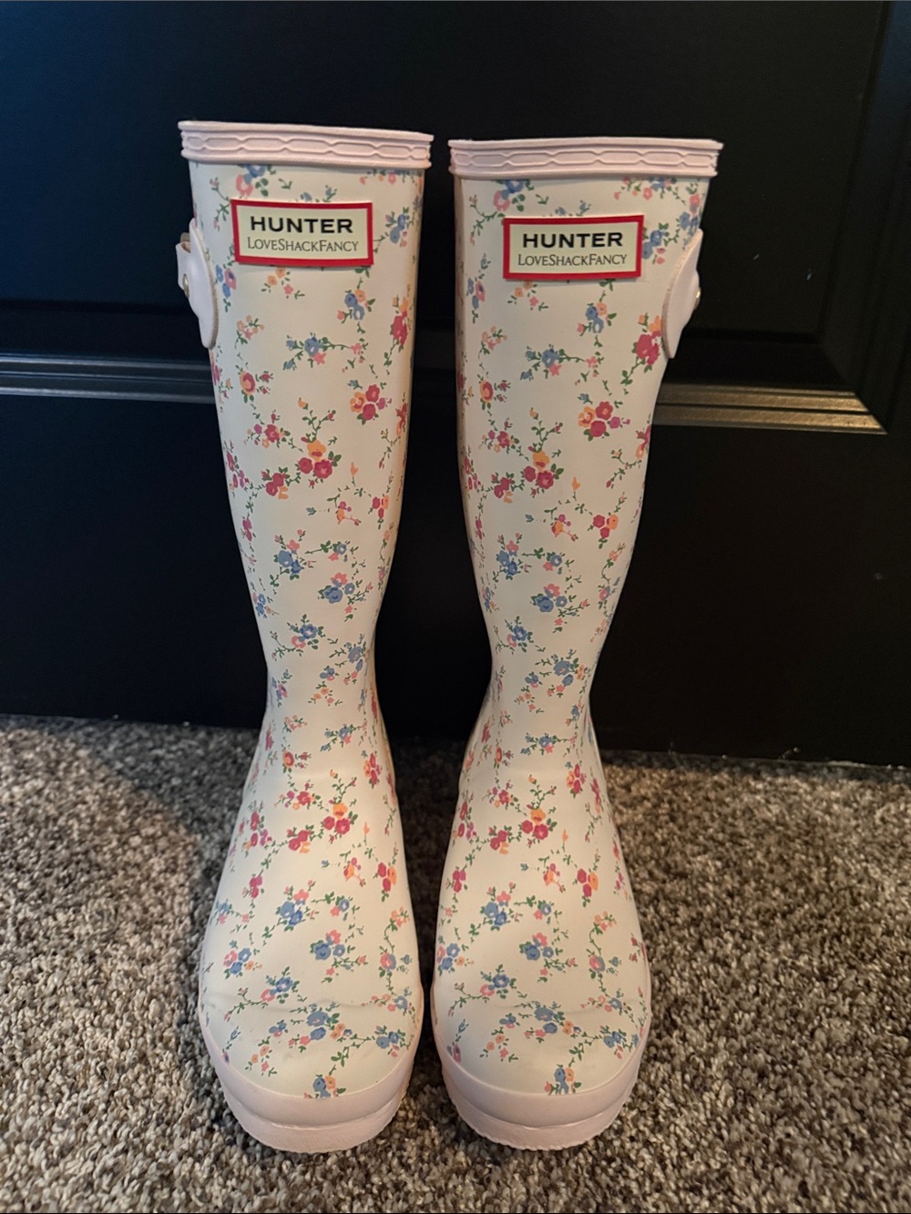Hunter Kids Floral Tall Rain Boots - Cream with Pink & Blue Flowers